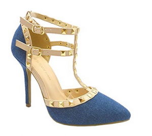 Pointy Toe Gold Stud Strappy Ankle T-Strap Stiletto Heel Pump Sandal