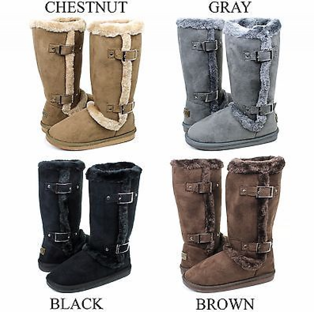 Womens Mid Calf Twin Buckle Winter Snow Fur Faux Suede Fashion Boots 