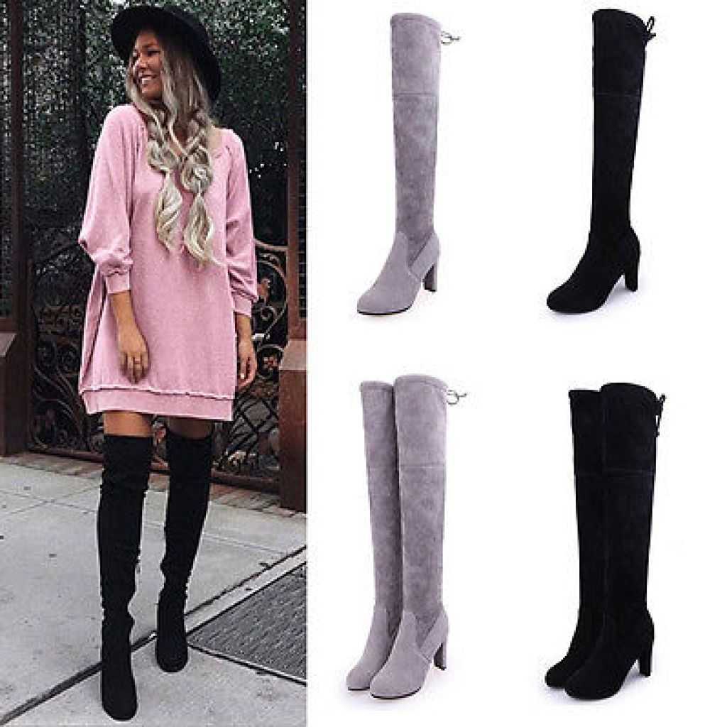 Womens Ladies Suede Over The Knee Boots Shoes Block High Heel Lace Thigh Boots