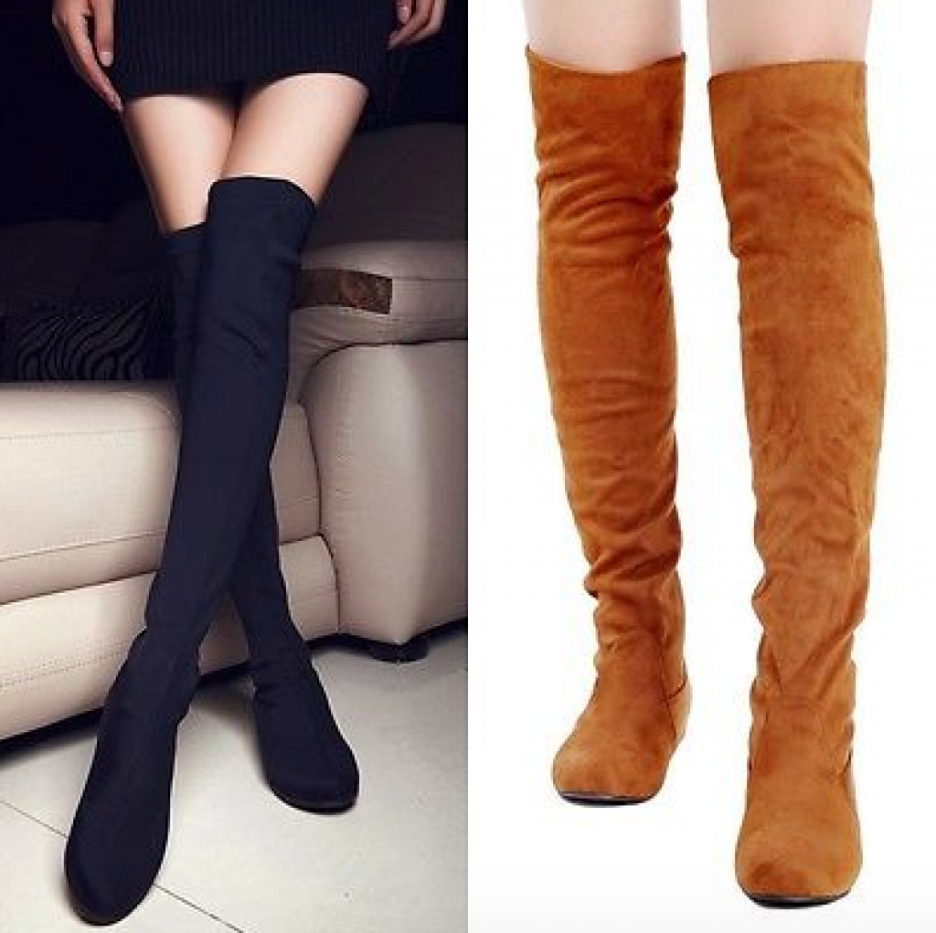 Womens Over Knee High Boots Low Heels Pull On Stretchy Thigh Faux Suede Shoes